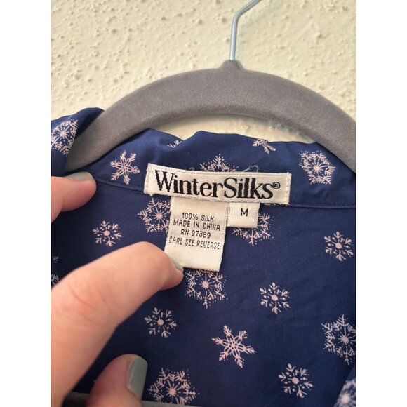 WinterSilks Womens Snowflake Pattern Button-Up Shirt M 100% Silk Navy Blue - Picture 3 of 9